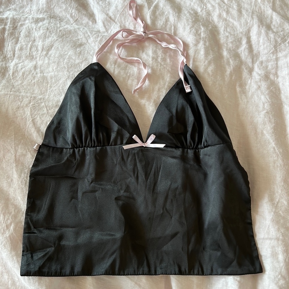 Black silk tie edikted crop top with pink bows size S